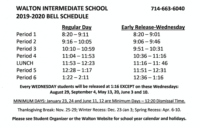 Bell Schedule Walton Intermediate School